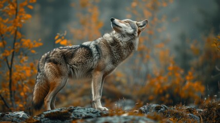 Obraz premium Wolf Standing on a Rocky Outcropping in Autumn Forest