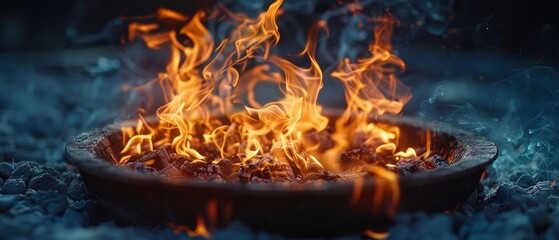 A close-up of a campfire burning brightly in a metal bowl.
