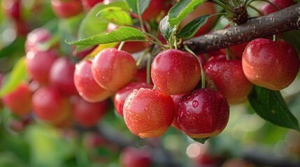 Obraz premium Freshly Picked Red Cherries Glisten with Dew
