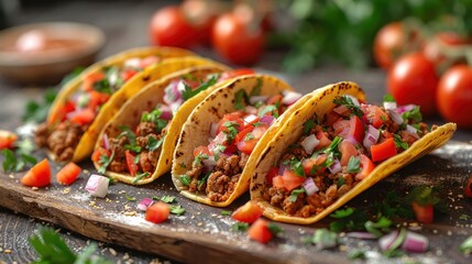 Fototapeta premium Close-up of Delicious Ground Beef Tacos with Tomatoes and Onions