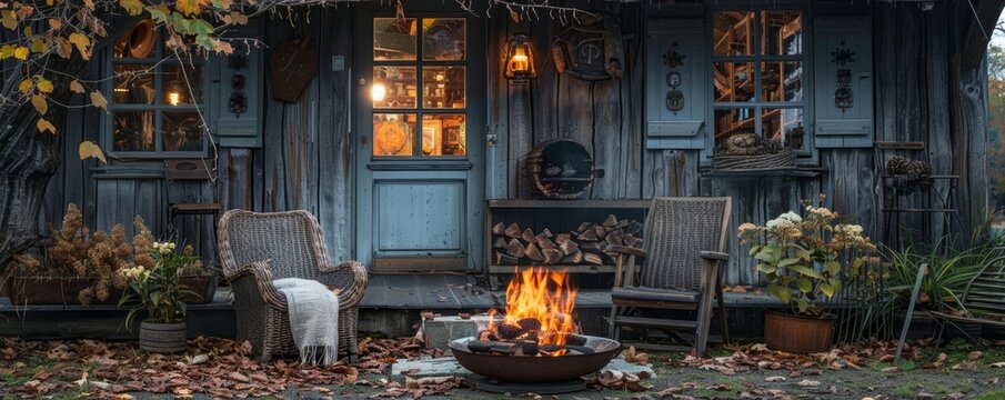 Cozy cabin with a crackling fire on the porch.