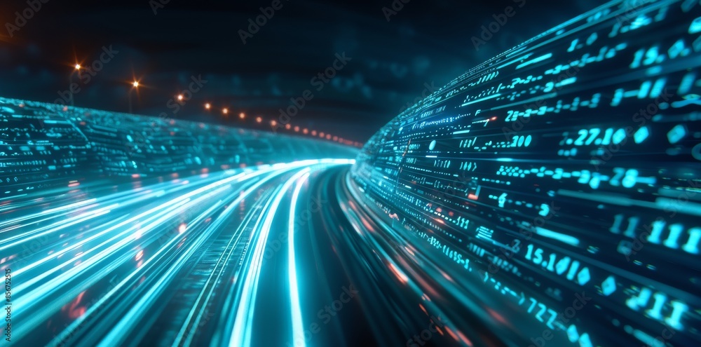 Poster concept of big data, machine learning, artificial intelligence, virtual reality, hyper loop in a cit