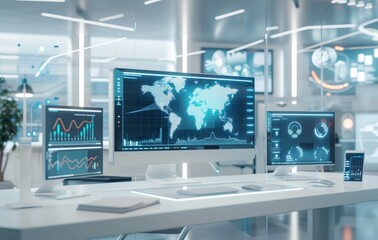 Naklejka premium Workplace with 3D renderings and holographic screens