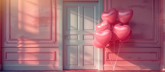 Pink Heart Balloons Against a Pastel Pink Wall with a White Door