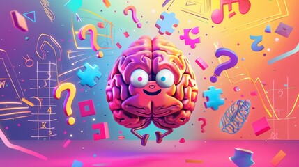 Happy brain character with musical notes - Whimsical illustration of an anthropomorphized brain with musical symbols and geometric shapes