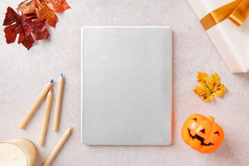 Notebook png, transparent cover mockup, Halloween autumn stationery, flat lay design
