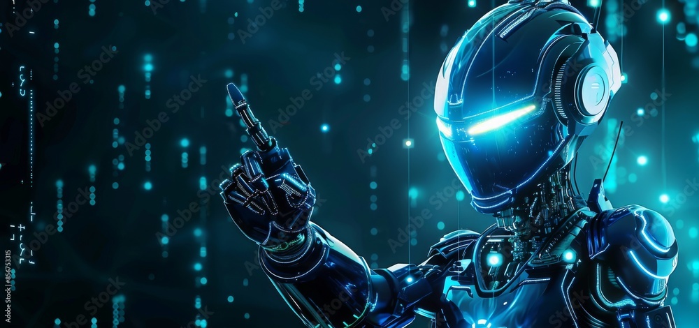 Poster future digital technology ai artificial intelligence automated robot pointing finger in 3d.