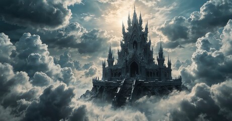 Sky throne amidst white clouds, ethereal scene.