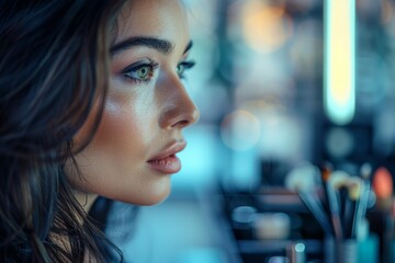 Fototapeta premium Close-up of a woman with glowing skin in a makeup studio.