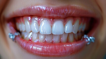 Obraz premium Close-up of a Smiling Mouth with a Lip Ring