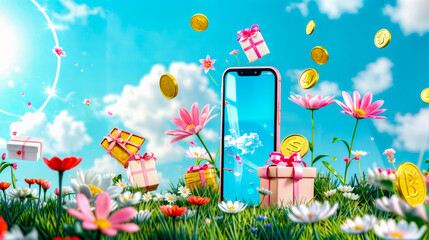 Fototapeta premium Picture of cell phone surrounded by gift boxes and flowers with blue sky in the background.