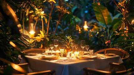 A romantic dinner for two under a canopy of exotic plants.