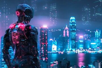 The robot stands in front of a night skyline illuminated by skyscrapers, representing a future where intelligent and powerful robots guard humans.