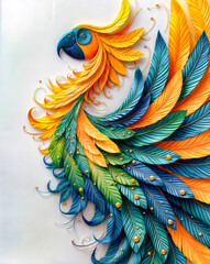 Fototapeta premium Painting of colorful bird with feathers on it's back side.