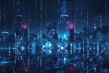 Fototapeta premium A digital blue wave wire with antennas connected to a nighttime skyline of a megapolis city demonstrates smart city technology.