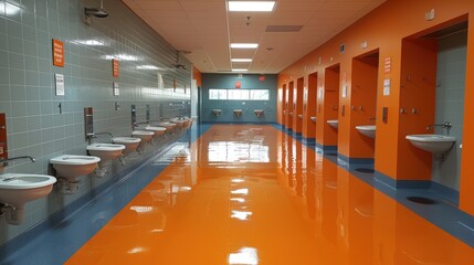 Public Restroom with Orange Floor and Grey Tiles