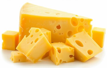 In this image there are: cheese, cheeses, piece, pieces, cube, cubes, alpha, channel, cutout, cut, path, clip, pathway, isolated, white, isolate, background, block, cheddar, chunk, closeup, cubical,