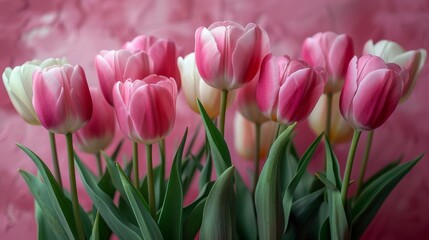 Fototapeta premium Pink and white tulips against a pink background, close-up view. Floral arrangement and spring bloom concept