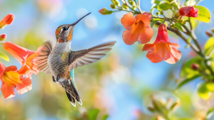 Obraz premium A vibrant scene of a hummingbird feeding from a trumpet vine against a clear blue sky.