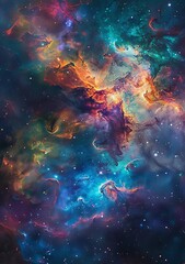A vibrant and mesmerizing nebula, bursting with a kaleidoscope of colors and swirling clouds of gas and dust, dominates the celestial canvas