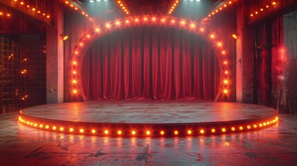 Glamorous empty stage with red curtains and bright lights, ready for a performance in a theater or cabaret setting.
