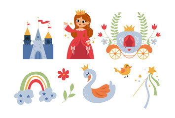 Childrens Magic Elements: Princess, Magic Wand, Carriage, Swan Princess, Rainbow and Fantasy Castle. Vector Children's Illustrations Isolated on a White Background.
