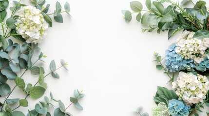 Naklejka premium Hydrangea flower arrangement with eucalyptus on white background Top view mockup with text space