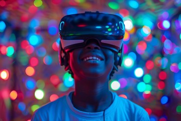 AI image of the child smiling while wearing VR goggles in a colorful bedroom