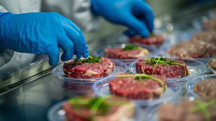 A detailed image of a petri dish containing cultured meat, which showcases the future of food technology.