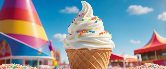 A delicious soft serve ice cream cone with rainbow sprinkles sits against a colorful amusement park backdrop, evoking summer fun and joy