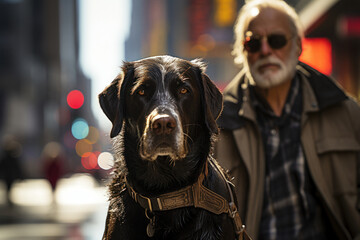 Guide dog assisting blind person in urban environment
