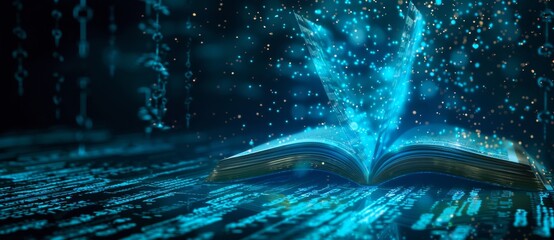 A modern, futuristic blue book with digital futuristic elements. Its graphics are generated using artificial intelligence.