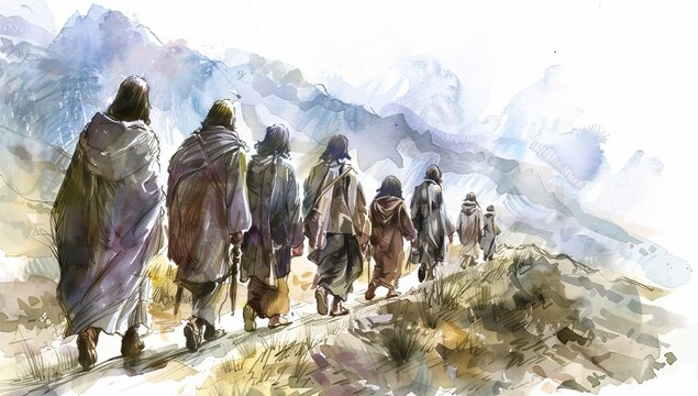 A watercolor illustration depicting the twelve chosen disciples in the Bible. Christian religious illustration in watercolor.
