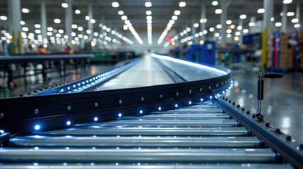 Fototapeta premium Conveyor Belt System with LED Lights in a Warehouse