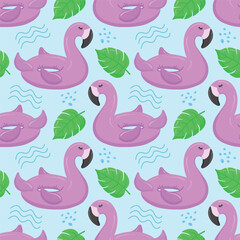 Seamless pattern with pink flamingos and palm leaves. A float for the pool. Inflatable pink flamingos. A swimming circle. Vector pattern for your summer beach design