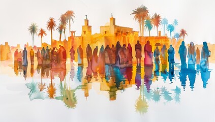 Christ's triumphal entry into Jerusalem. Silhouette of a crowd of people against a background of palm trees and ancient structures.