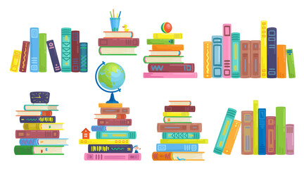 Large set of colorful books in stacks and standing in a row. Isolated on white background. Vector flat illustration