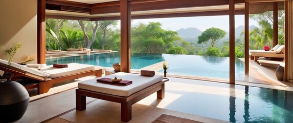 Fototapeta premium Luxurious tropical villa with infinity pool, lush greenery, and serene atmosphere perfect for relaxation, vacation, and peaceful retreats
