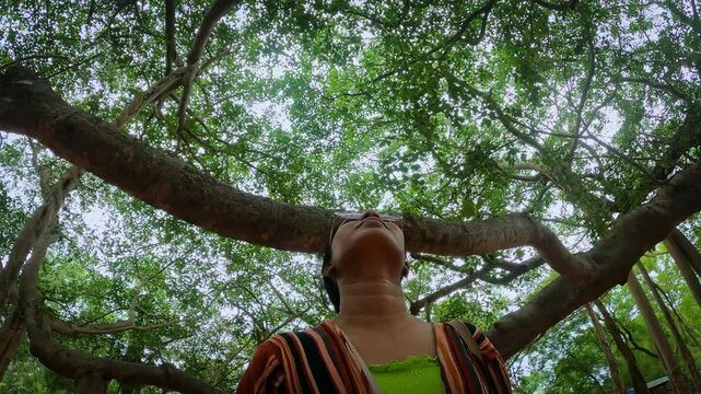Slow motion video a young Indian woman looking above in awe to the huge banyan tree