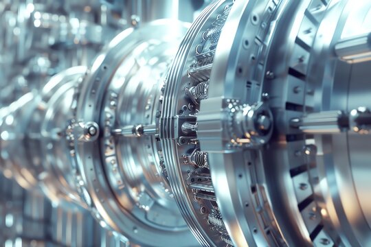 Close-up of nuclear power plant turbines, ultra-realistic, high-definition, intricate mechanical details, advanced technology, lifelike