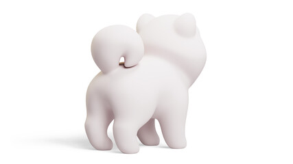 Concept art character of a simple cute funny kawaii fluffy cartoon samoyed puppy in standing playful pose. Lovely adorable pet in stylized minimal style. Back view. 3d render isolated white backdrop
