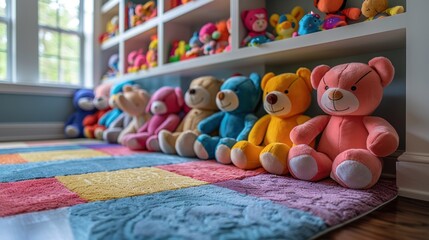 Plush Toys Line Up on Colorful Rug in Playroom