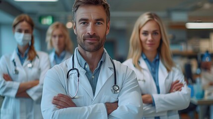 Group of doctors in a hospital office with arms crossed, highlighting their dedication to healthcare