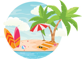 Tropical summer background with beach, surfboard and umbrella
