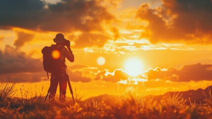Fototapeta premium Photographer capturing a stunning sunset, finding inspiration in nature, creativity, inspiration, photographer, sunset, nature, artistic expression, mental health