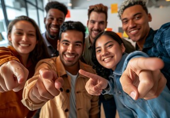 Obraz premium Portrait of happy people smiling for the camera pointing at you as part of a team for an opportunity, recruiting, or selection at work. A group of enthusiastic employees smiling for their choice,