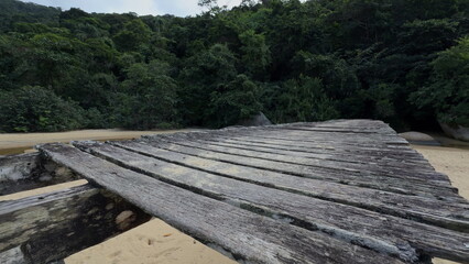 Iconic old wooden bridge over sandy beach in dense green jungle