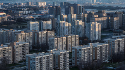 Obraz premium Blurred apartments in the city in the morning