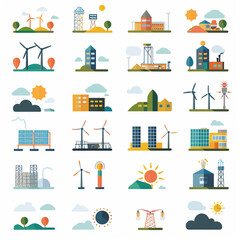 A set of flat icons representing various types of energy production and sustainable technology
