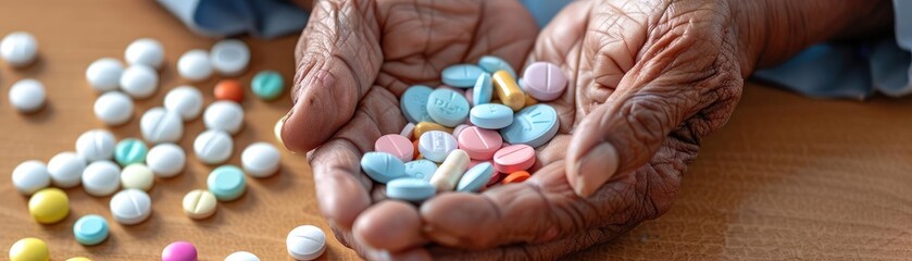 Elderly hands and various pills on a table, senior healthcare, medication